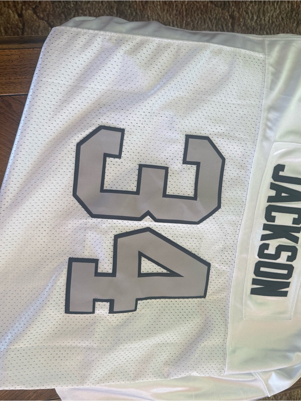 White Men's Sports Jersey with Gray Number 34 and Jackson Name